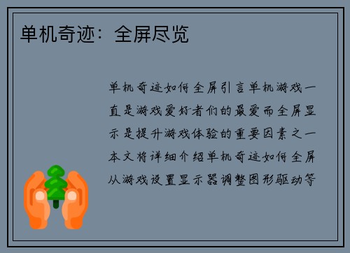 单机奇迹：全屏尽览