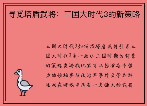 寻觅塔盾武将：三国大时代3的新策略