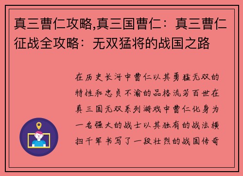 真三曹仁攻略,真三国曹仁：真三曹仁征战全攻略：无双猛将的战国之路
